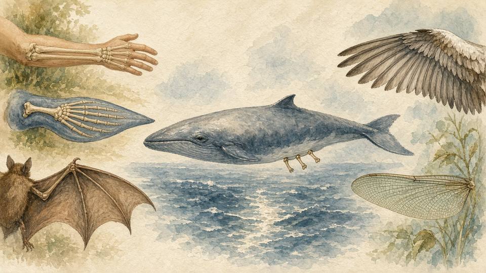 An arm, a whale flipper, and a bat wing with the same bones, a whale with tiny hip bones, and a bird wing beside an insect wing.
